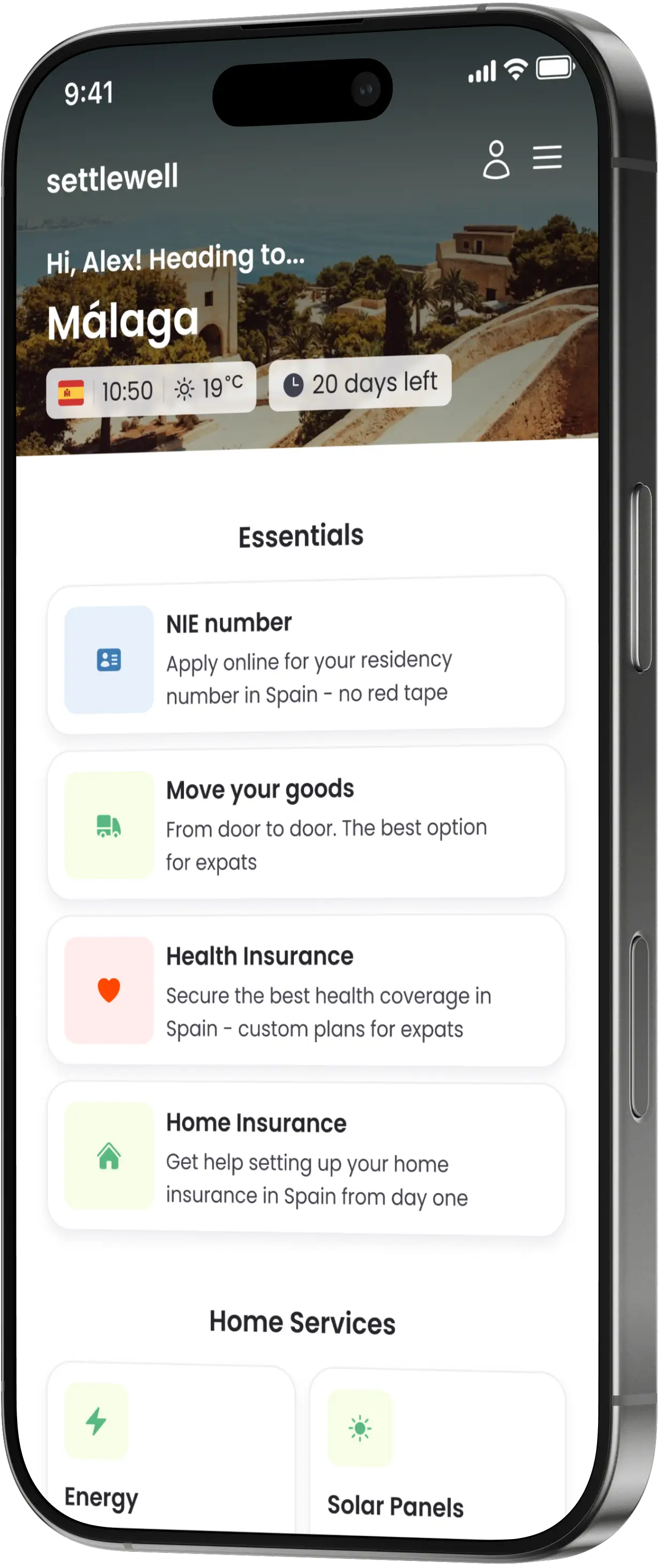 Settlewell mobile app showing a Spain move-in checklist